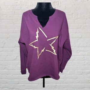 Torrid Plum Raw V Neck Long Sleeve Sweatshirt w/ Gold Graphic Star Size Plus 0